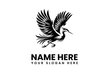 Fototapeta premium Elegant Black Heron in Flight Stylized Logo Design.