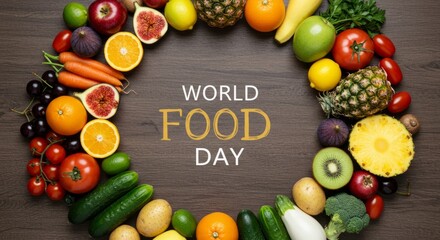 Colorful assortment of fresh fruits and vegetables arranged in a circle, World Food Day concept, top view, vibrant colors