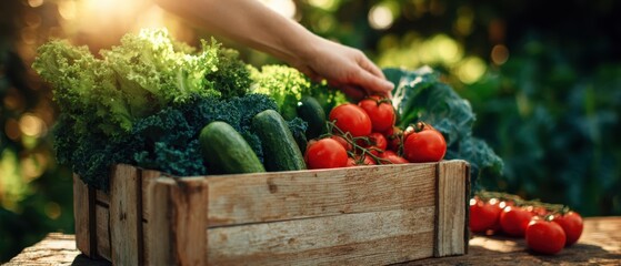 The rustic crate of fresh garden vegetables with a hand reaching for tomatoes