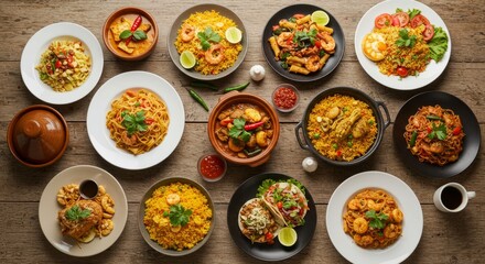 Diverse international dishes from around the world on a wooden table, global food culture, World Food Day