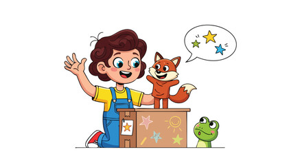 Cute cartoon boy performing a puppet show with a fox puppet.