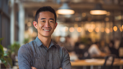 Fototapeta premium Smiling Asian Man, Portrait. Business Professional in Startup Setting.