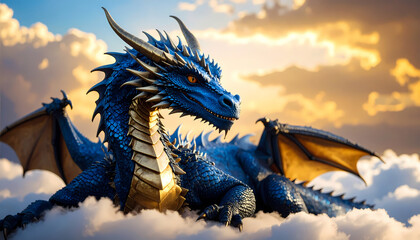 Majestic blue dragon on clouds at sunset