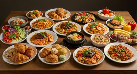 Diverse international dishes from around the world on a wooden table, global food culture, World Food Day