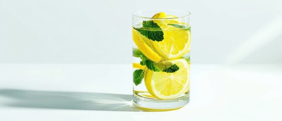 The Glass of Lemon Water with Mint Slices in Bright Studio Light