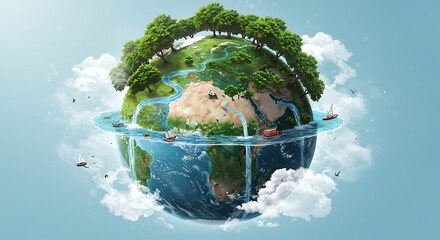 Fototapeta premium Detailed Earth Globe with Green Trees and Blue Water