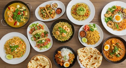 Diverse international dishes from around the world on a wooden table, global food culture, World Food Day