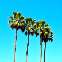 Three tall palm trees against a bright blue sky