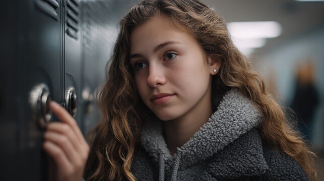 A thoughtful teen girl with flowing hair and a contemplative gaze at the locker.