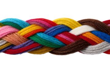 Close-up of colorful braided yarn strands in multiple vibrant shades, symbolizing creativity, unity, and textile craftsmanship, isolated on white background