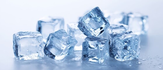 The Ice Cubes in Crystal Clear Light on a Cool Blue Surface