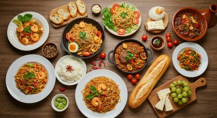 Diverse international dishes from around the world on a wooden table, global food culture, World Food Day