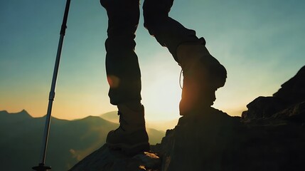 Silhouette of a hiker's legs and trekking pole on a mountain summit against a golden sunrise.