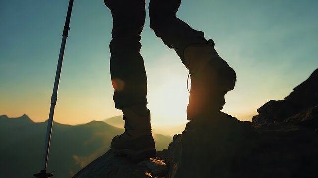 Silhouette of a hiker's legs and trekking pole on a mountain summit against a golden sunrise.