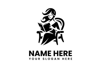 Elegant Silhouette of Woman Reading Book in Armchair Logo Design.