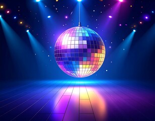 Disco ball on a stage with colorful lights