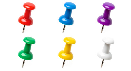  Six Colorful Push Pins Isolated on White Background