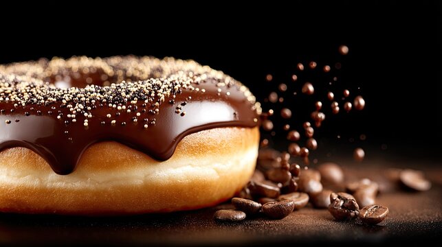 Close-up of a chocolate-glazed donut with coffee beans