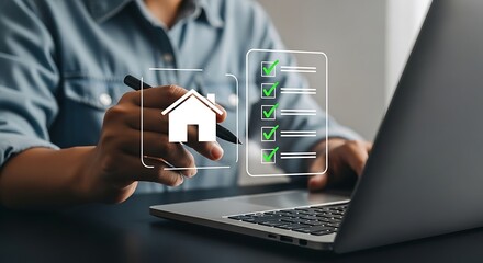 Person marking a house icon on a digital checklist