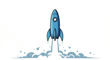 Stylized blue cartoon rocket ship launching upwards, with a round porthole and exhaust smoke.
