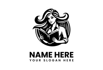 Elegant woman reading a book with flowing hair and a collared shirt in monochrome.