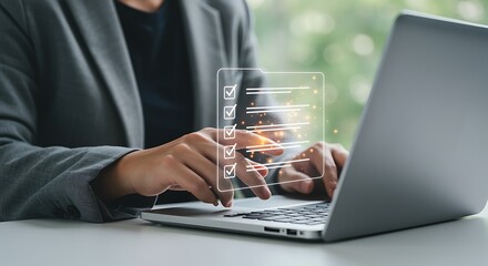 Person using laptop with digital checklist and glowing particles