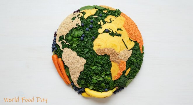 Globe made of various foods including fruits, vegetables, grains, World Food Day theme, creative flat lay