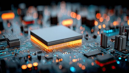 Close-up of a circuit board with a glowing processor
