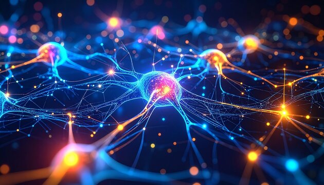 Glowing neuronal network transmitting impulses in blue space