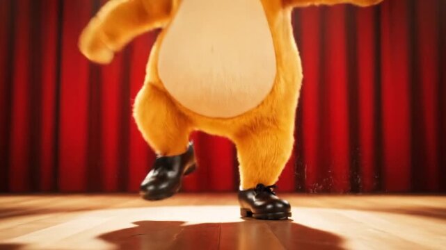 joyful bear mascot tap dancing on stage