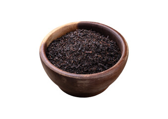 Black tea dried leaves on a bowl isolated over white background