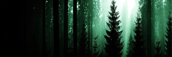 Silhouetted evergreen trees in a misty forest