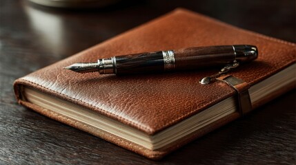 Brown leather journal with pen