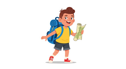 Fototapeta premium Happy Young Boy Traveler Hiking with Backpack and Map.