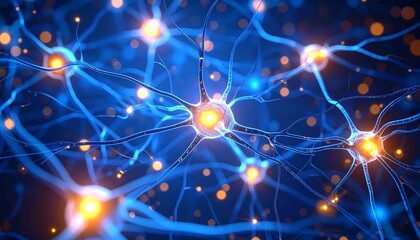 Neural network luminous connections glow blue