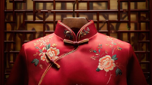Silk Cheongsam Collar with Gold and Red Peony Embroidery Framed by Blurred Traditional Wooden Lattice for China National Day