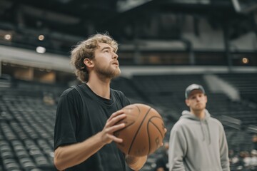 Two basketball players poised in still arena under soft pale arena light