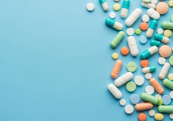 Colorful pills and capsules on blue background, healthcare concept