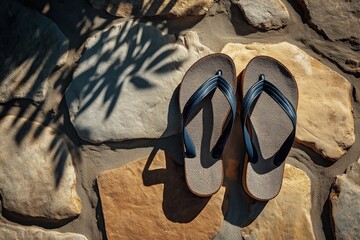 Flip-flops rest on sandstone path under sharp midday summer sun