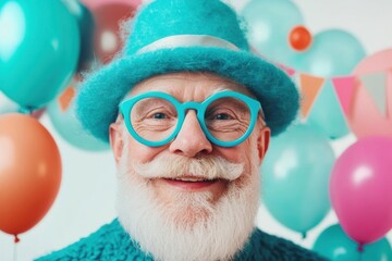Joyful Celebration: A close-up captures a cheerful elderly individual radiating joy, donned in a vibrant hat, glasses, and amid colorful balloons creating an ambiance of happiness.