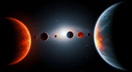 Colorful Planets Forming Solar System with Glowing Galaxy in Space