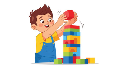 Little boy building a tall tower with colorful toy blocks.