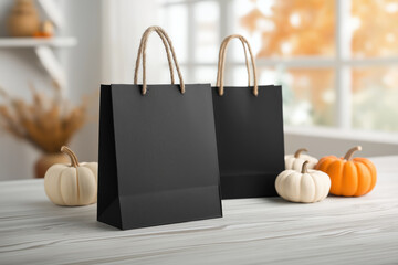 Two black shopping bags sit on a wooden table with pumpkins, perfect for autumn or fall promotions.