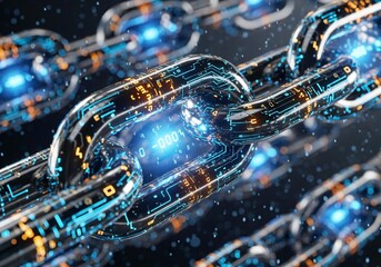 Blockchain technology with digital circuit chain links glowing bright