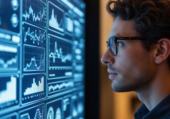 Fototapeta premium Analyst studying financial data charts with intense concentration
