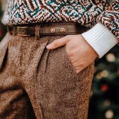Close up of a man in brown herringbone tweed trousers and a colorful fair isle sweater, hand in pocket, standing by a decorated christmas tree, exuding festive style