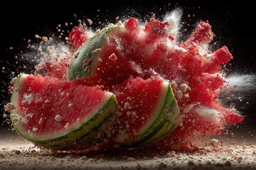 Watermelon explodes in midair, spraying vibrant shards and juicy red pulp