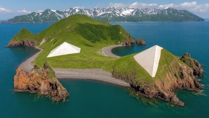 Aerial view of a verdant island with triangular structures