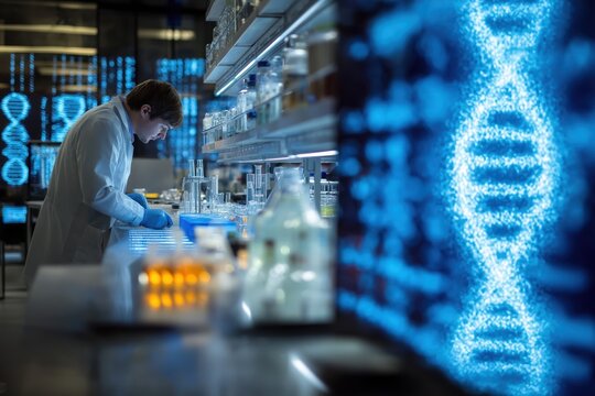 Glowing DNA strands displayed as researcher works in futuristic biotechnology laboratory setting