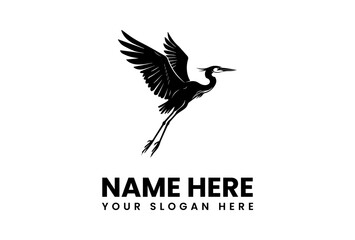 Silhouette of a Heron in Flight with Extended Wings and Logo.
